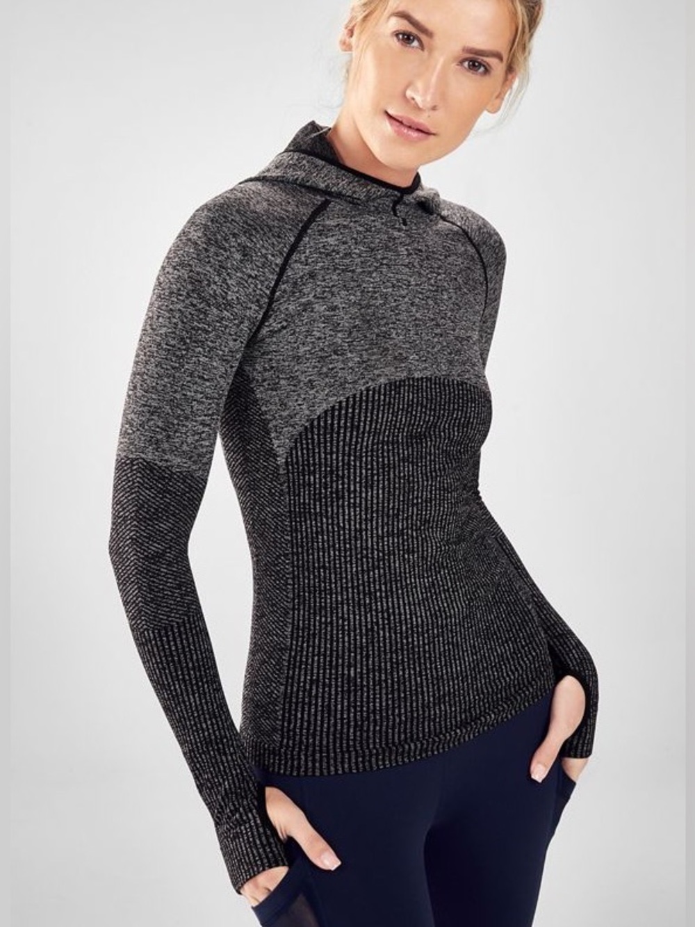 Fabletics Avaline Seamless Ribbed Jacquard Long Sleeve Hoodie Grey Black Medium